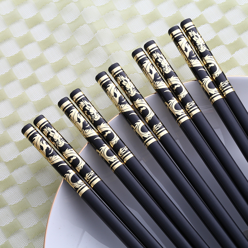 Tofok Alloy Black Gold Dragon Chopsticks Chinese Long Non-Slip Alloy Sushi Hashi Chopsticks Set Chinese Gifts Kitchen Tableware