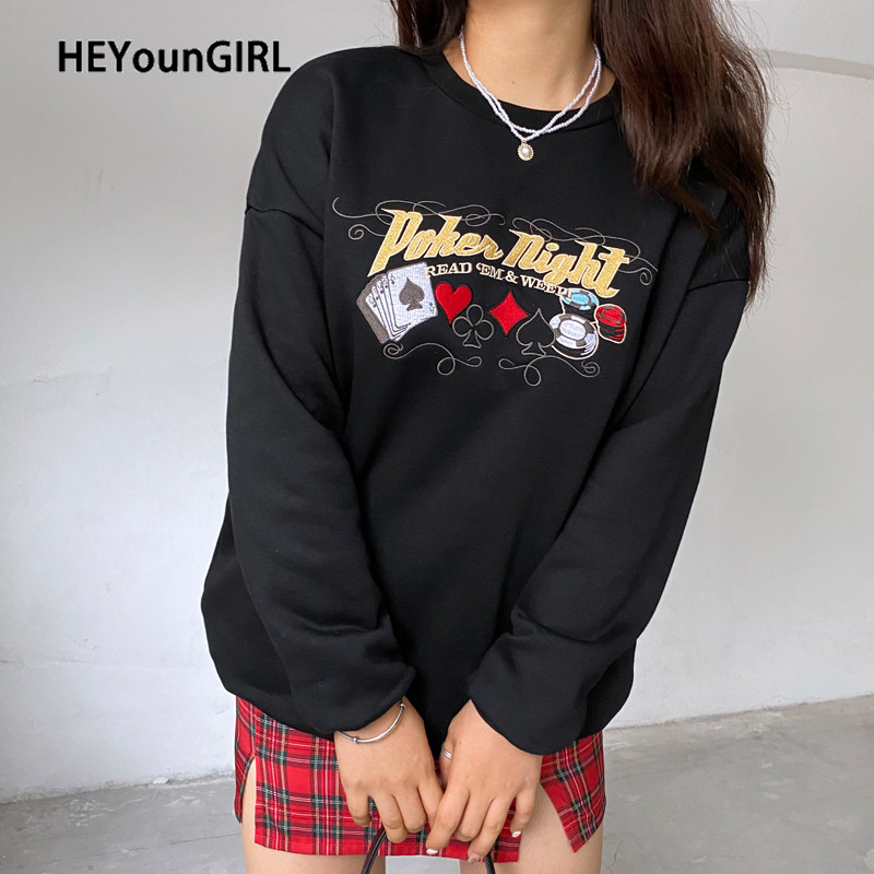 HEYounGIRL Harajuku Punk Black Oversized Sweatshirt Women Autumn Embroidery Long Sleeve Pullover Casual Korean Sweat Hoodies