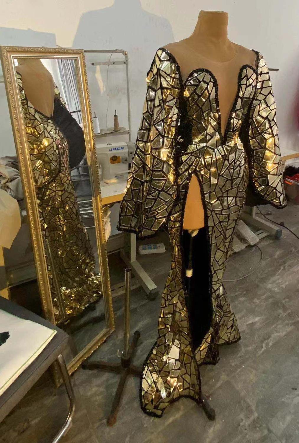 Bright Gold Sequins Slit Long Dress Birthday Celebrate Outfit Female Singer Show Stage Wear Evening Prom Party Costume Dress