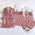 Sexy Women Sleepwear Robe with Pants Velvet Pajamas Lace Sleep Lounge 4 Pcs Sets Ladies Nightgown Bathrobe Indoor Clothing Suit