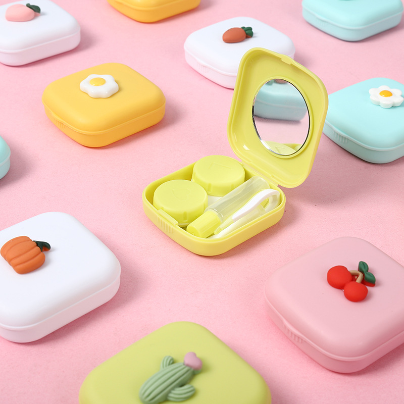 NEW Mini Square Contact Lens Case with Mirror Women Contact Lenses Box Cute Cartoon Fruit Eyes Lenses Case Container Travel Kit