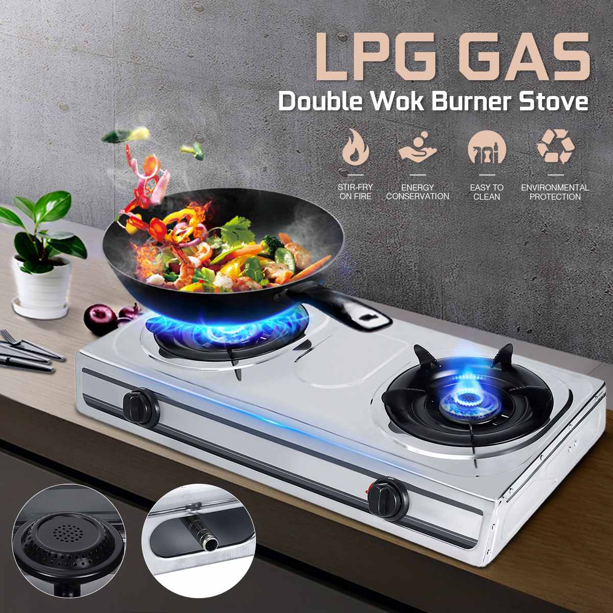 Fierce Gas Stove Double Stove Benchtop LPG Liquefied Petroleum Gas Stove Household LPG Cooker Stove Two Pots Kitchen Gas Cooktop