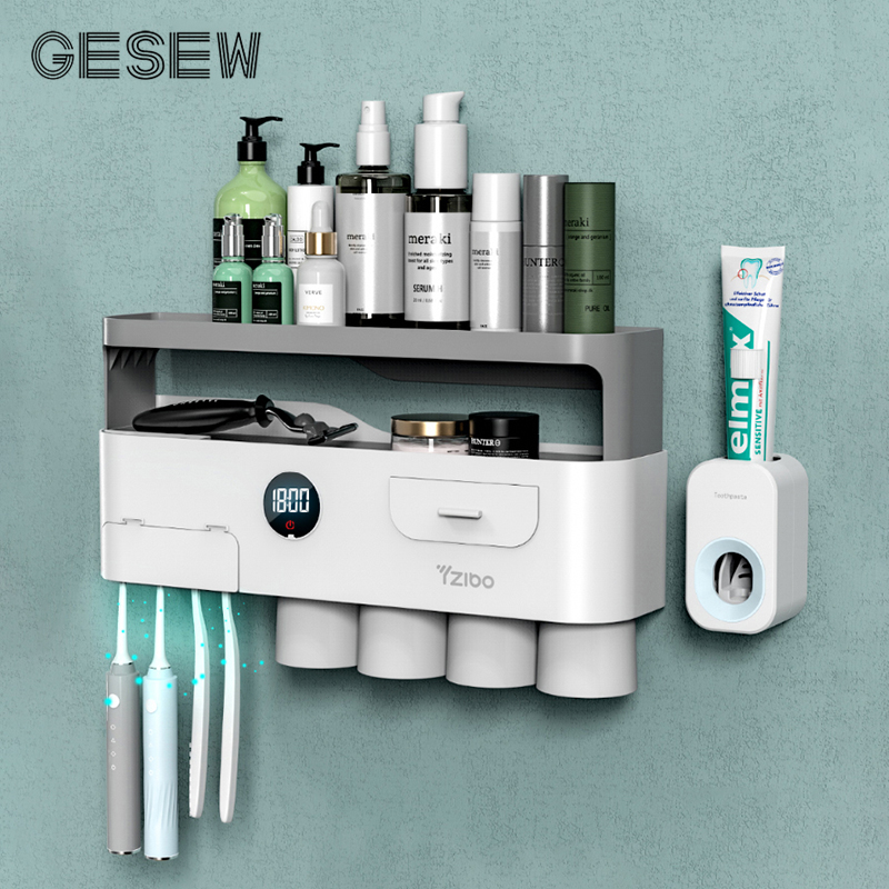 GESEW New Magnetic Toothbrush Holder Double Layer Toothbrush Holder For Bathroom Auto Toothpaste Squeezer Bathroom Accessories
