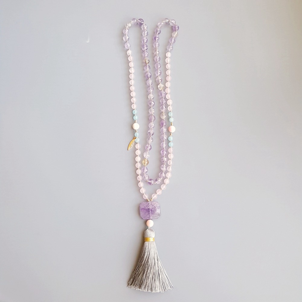 Lii Ji Nautral Faceted Ametrine Rose Quartz Aquamarine Conch Shell Tassel Bohemia Long Handmade Necklace Necklace
