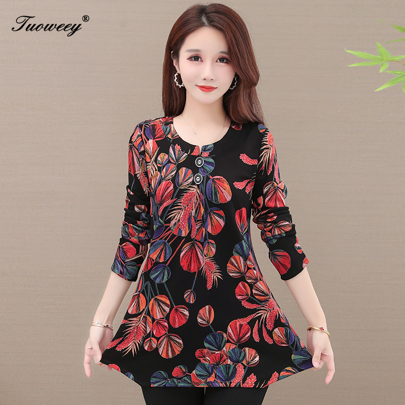elegant plus size 5XL mom Women Spring Autumn Style flower Blouses Shirts Casual Long Sleeve floral Spliced Blusas Tops