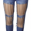 Cutubly Sexy Blue Jeans for Women Diamonds Tassel Ripped Jeans for Women Hollow Out Trousers Foot Cut Pencil Pants Casual 2020