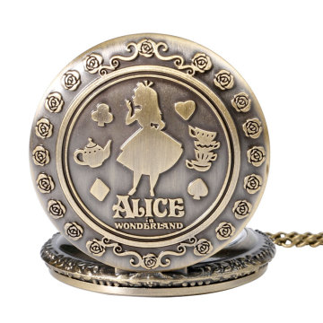 Retro Bronze Dream Alice in Wonderland Rabbit Drink Me Tag Brown Glass Quartz Pocket Watch Chain Necklace Pendant for Girl Women
