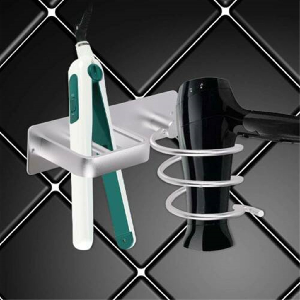 40# Wall Mounted Bathroom Black Hair Dryer Holder Space Aluminum Hair Straightener Holder Storage Bathroom Shelf Accessories