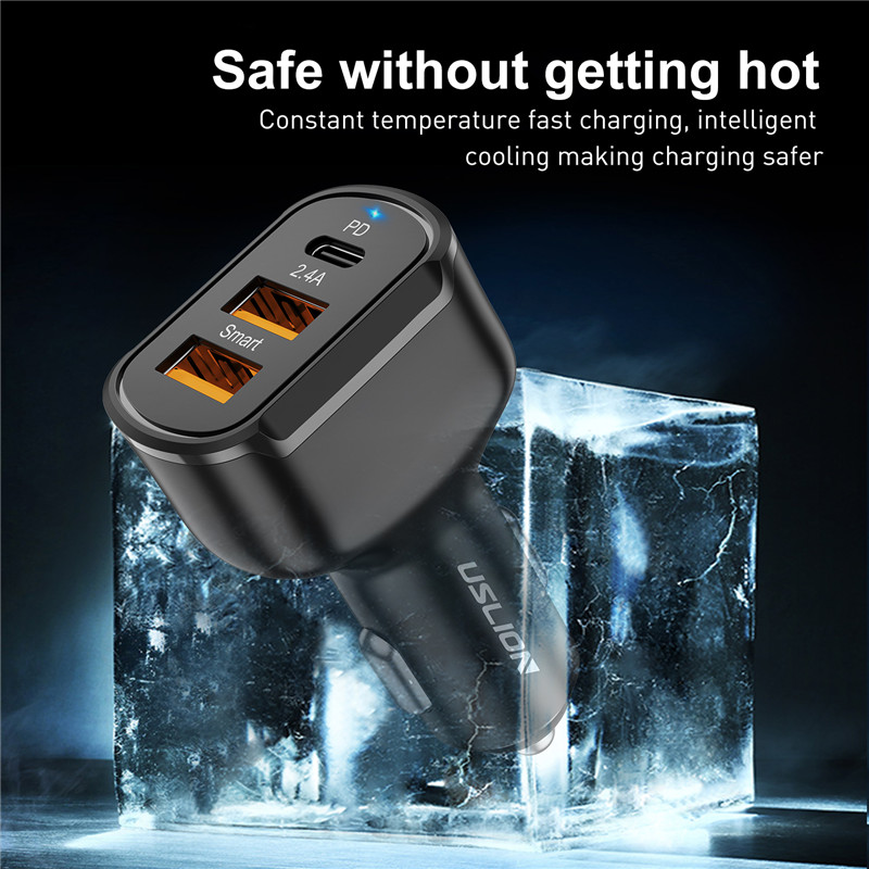 USLION PD 20W 3 USB Car Charger Quick Charge QC4.0 Universal Mobile Phone PD Type C Fast Charging For iPhone 11 Xiaomi Samsung
