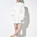 [EAM] Women White Pleated Stitch Big Size Shirt Dress New Stand Collar Long Sleeve Loose Fit Fashion Spring Autumn 2021 JO3700