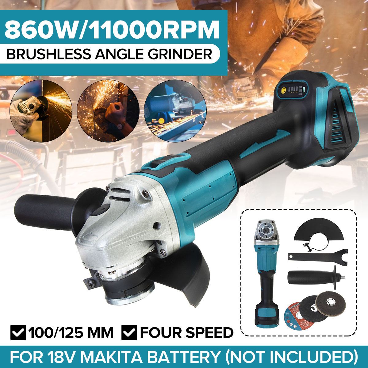 860W 18V 100/125mm Brushless Cordless Impact Angle Grinder with Grinding Disc 4 Speed fr Makita Battery Cutting Machine Polisher