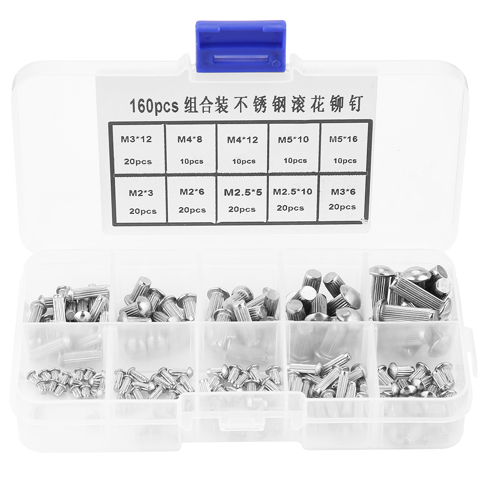 160Pcs M2-M5 Rivets Round Head Solid Knurled Shank Rivet Stainless Steel Rivet Nuts Set with Box Assortment Kit