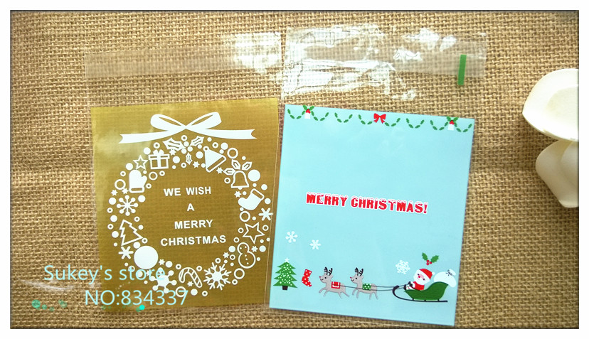 100pcs Mix Designs Merry Christmas Cookie Candy Gift Party Plastic Packaging Self adhesive Bags Xmas Decorations for Home 10X10