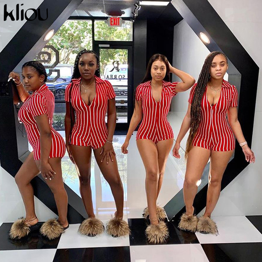 Kliou women sexy short playsuit red white striped short sleeve rompers 2019 new female elastic skinny sexy party bodysuits