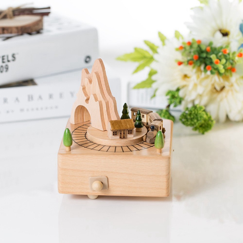 Wooden Musical Box Featuring Mountain Tunnel With Small Moving netic Train | Plays