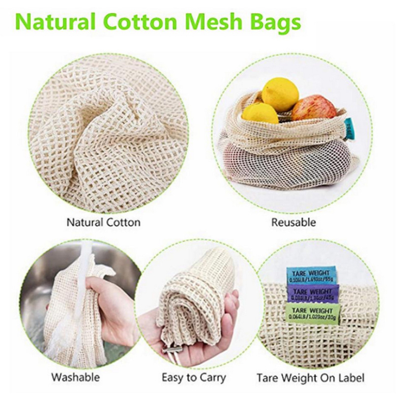 Eco-friendly Reusable Natural Cotton Mesh Bags Fruits Vegetables Storage Bag Home Kitchen Food Bag Washable for Travel Shopping