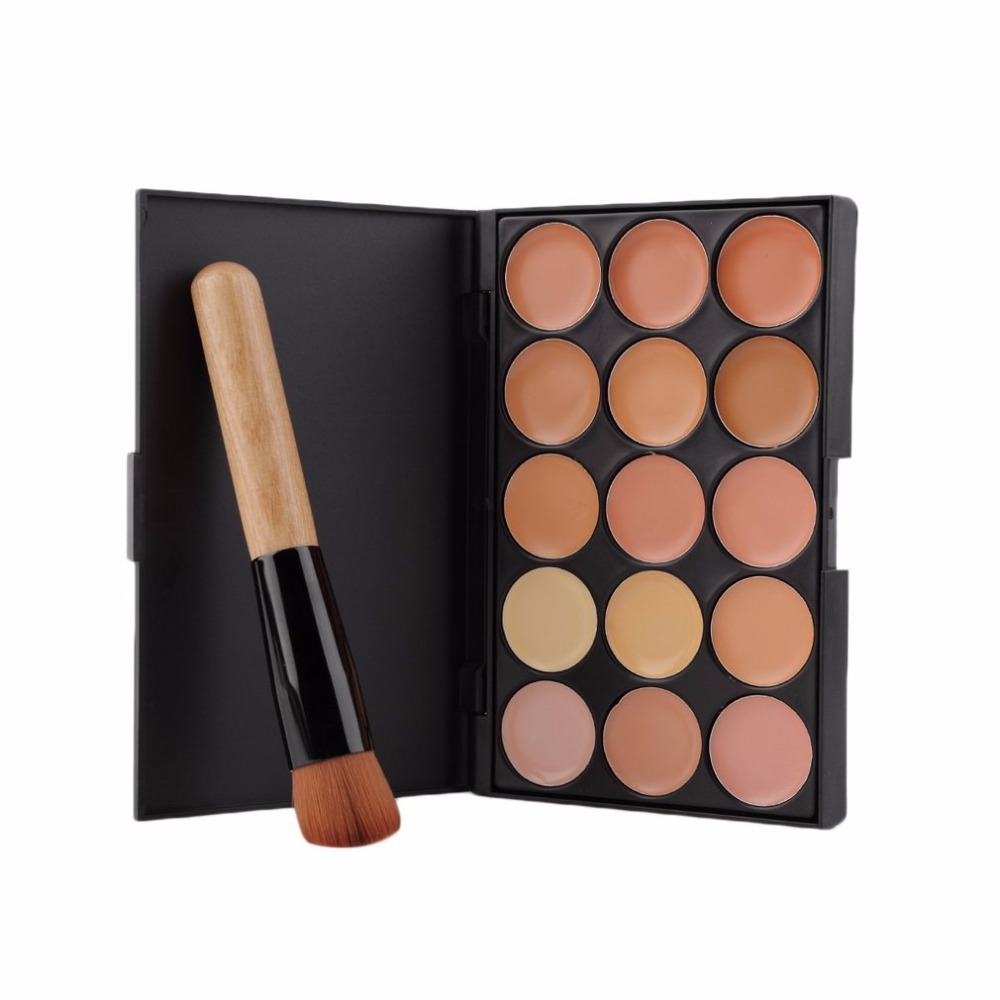 Fashion Full Makeup Set Kit 15 Colors Face Makeup Concealer Palette + Wood Handle Flat Angled Brush