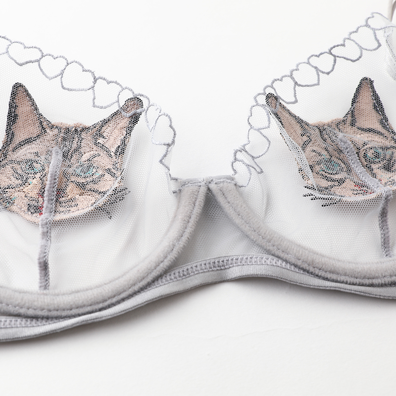 [original design] ultra-thin non-sponge transparent perspective embroidered sexy bra cover animation underwear set