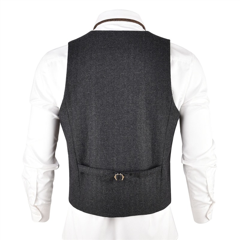 VOBOOM Grey Black Tweed Mens Vest Suit Slim Fit Wool Blend Single Breasted Herringbone Waistcoat Men Waist Coat for Man 007