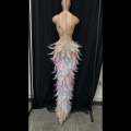Stage Performance Outfit Feather Rhinestone Dress Nightclub Party Celebration Women Elastic Sleeveless High Slit Prom Dress