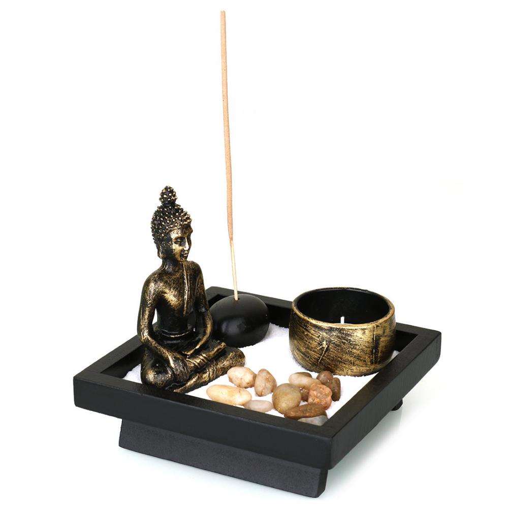 Sitting Buddha Ornament Zen Garden Candle Holders Creative Figurines Miniatures For Natural Stone Rattan Incense Gift Set