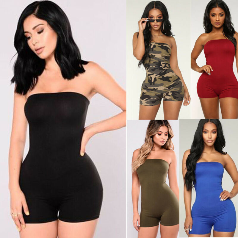 Off Shoulder Fitness Rompers Womens Jumpsuit Sexy Strapless Open Back Bodycon Bodysuit Casual Camouflage Sleeveless Club Outfit