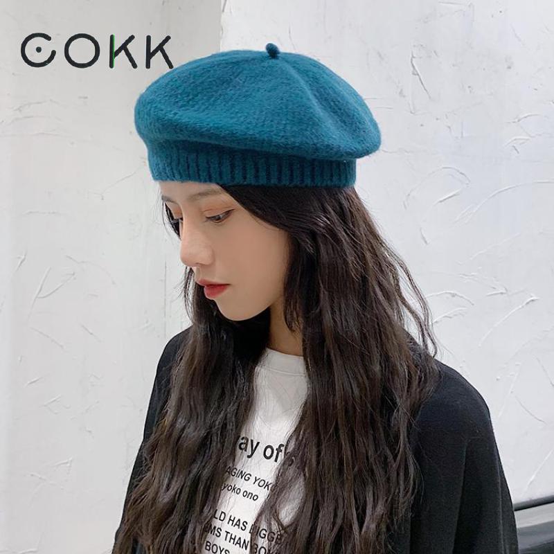 COKK Octagonal Hat Female Beret Women Autumn Winter Knitted Hats For Women Knitting Wool Big Size French Hat Gorras Solid