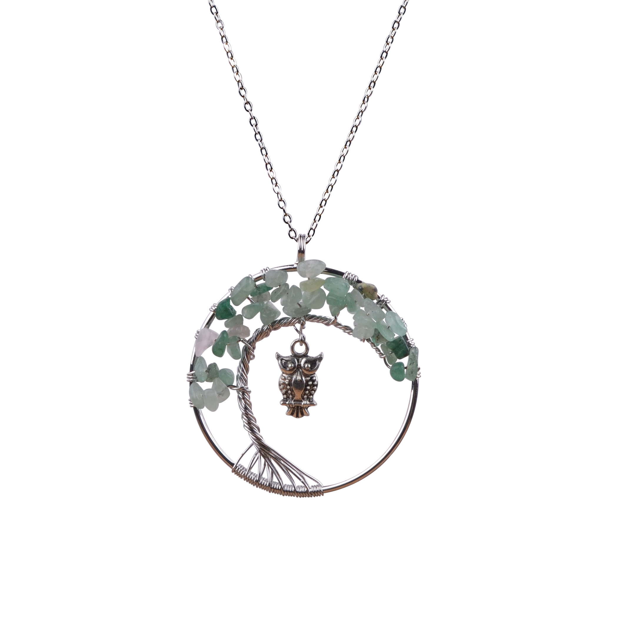 Natural 7 Chakra Crystal Healing Stone Handmade Rainbow Chakra Owl Tree of Life Necklace Pendant Jewelry for Women Gifts