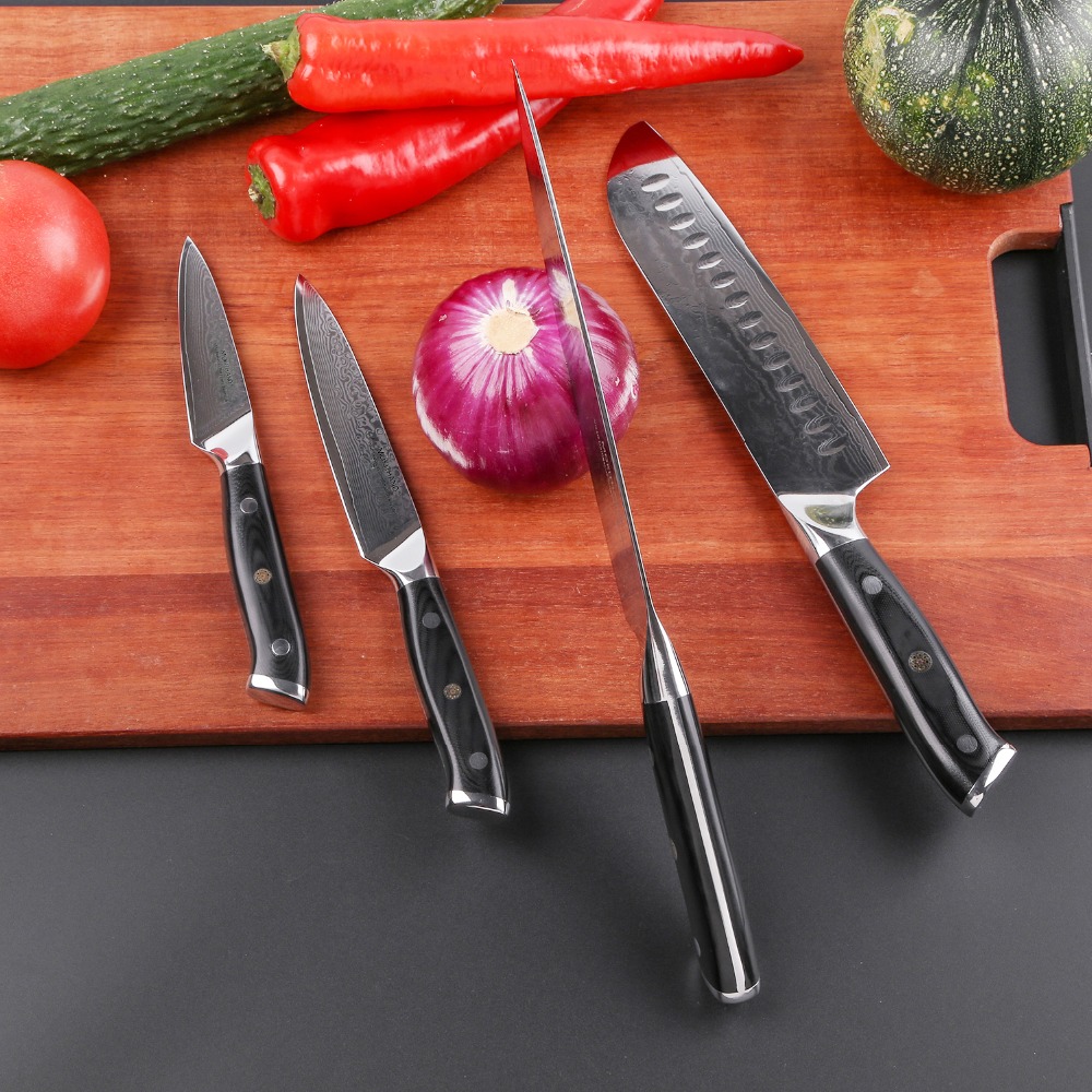 Mokithand 4pcs Japanese Kitchen Knife Sets Damascus Steel Chef knives 67 Layer Sharp VG10 Cleaver Cooking Knife with G10 Handle