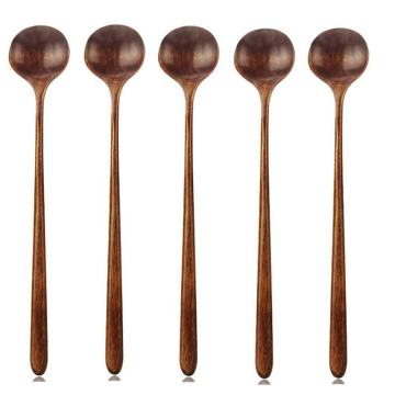 Long Spoons Wooden, 5 Pieces Korean Style 10.9 inches 100% Natural Wood Long Handle Round Spoons for Soup Cooking Mixing Stirr