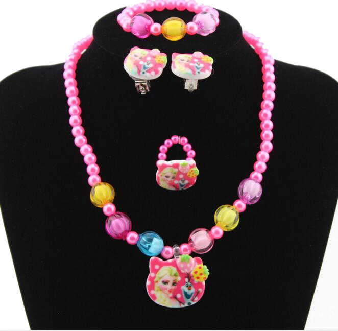 1set=4pcs Imitation Pearl classic Cartoon princess fairy Necklace/Bracelet/Ring/Earrings Children Kids Jewelry Set Xmas Gift