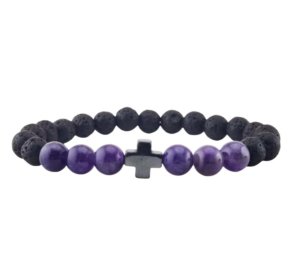 Gemstone 8mm Black Lava Stone With Hematite Cross Stretch Bracelet Natural Stone Round Beads Handmade Charm Bracelet for Women
