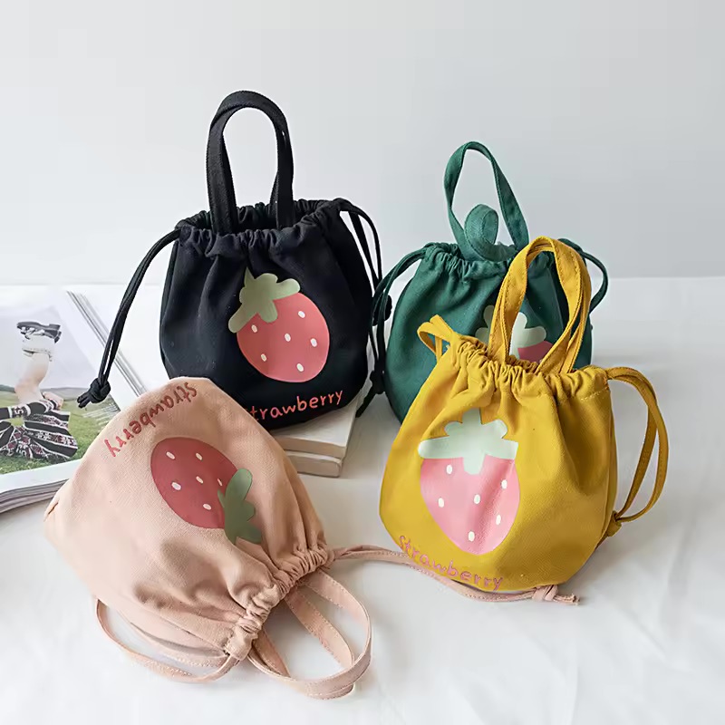 Mini Canvas Drawstring Bag Packaging Recycled Canvas Drawstring Bag Strawberry Pattern Kids Drawstring Bag Customized