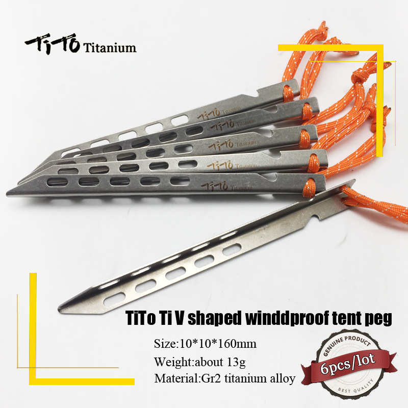 TiTo 6pcs Titanium Tent Peg V Shape titanium Spike Windproof Outdoor Camping titanium tent nail Accessories Titanium Tent stake