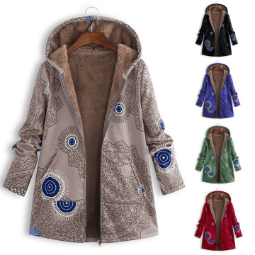 Winter Coats Women parka Womens Winter Warm Outwear Ethnic Print Hooded Pockets Vintage Oversize Coats Plus Size S-5XL