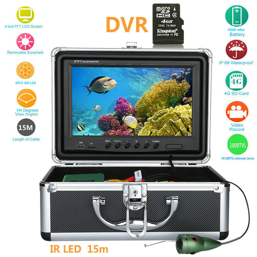 9''inch Underwater Fishing Video Camera 1000TVL Fish Finder HD DVR Recorder Waterproof Fishing with 6pcs 1W LEDs 15M/30M/50M