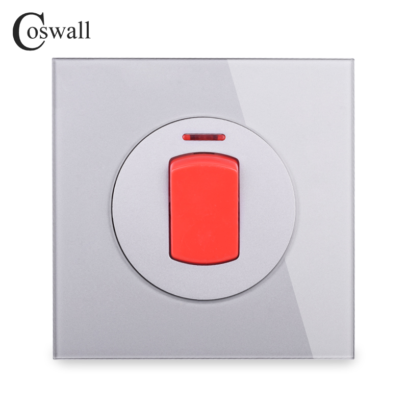 Coswall Grey Gray 20A DP Switch With Neon Glass Panel For Water Heater On / Off Wall Switch For Air Conditioner R11 Series