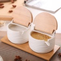 Porcelain Condiment Jar Spice Container with Lids - Bamboo Cap, Wooden Tray Spices Box Storage banks Tea Box Kitchen Storage Can