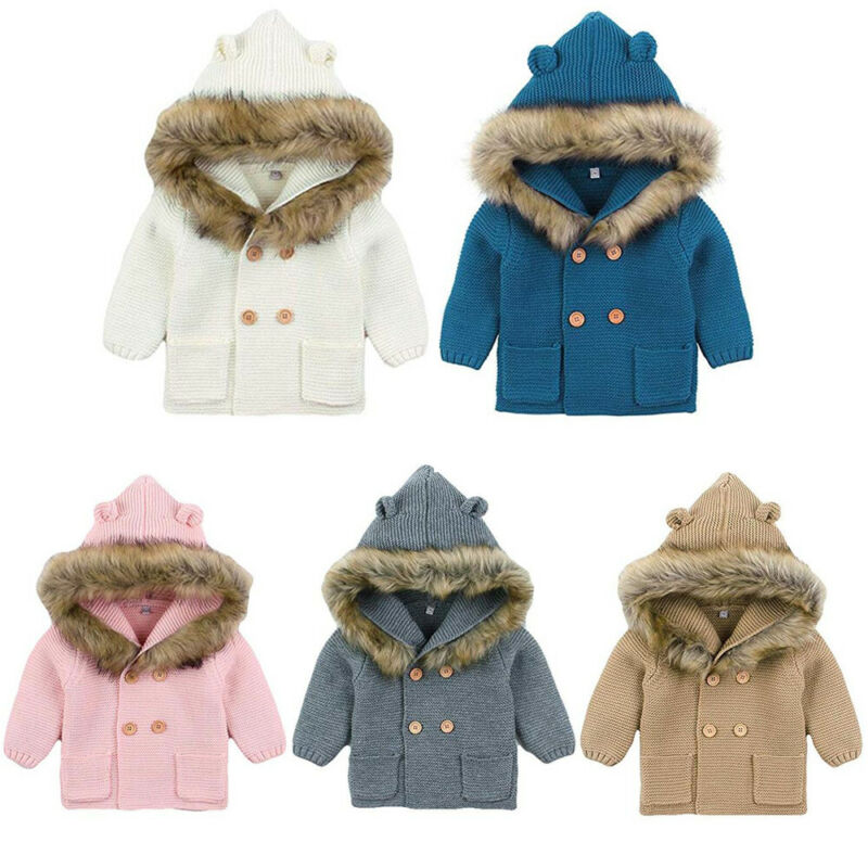 Newborn Baby Boys Girls Coat Outwear Autumn Winter Clothes Long Sleeve Fur Hooded Knitting Sweater Tops Toddler Baby Clothing