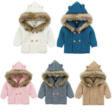 Newborn Baby Boys Girls Coat Outwear Autumn Winter Clothes Long Sleeve Fur Hooded Knitting Sweater Tops Toddler Baby Clothing