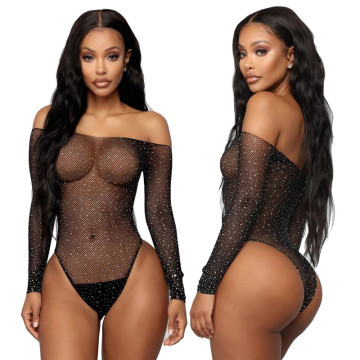 Sexy Women Long Sleeve Fishnet Rhinestone Bodysuit Leotard Tops Swimsuit Hollow Out Off Shoulder See Through Playsuit Jumpsuit