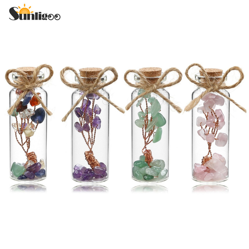 Sunligoo Mini Gemstone Wishing Bottles Tumbled Stone Chips Wire Wrapped Tree of Life Healing Crystal Stone Collection Home Decor