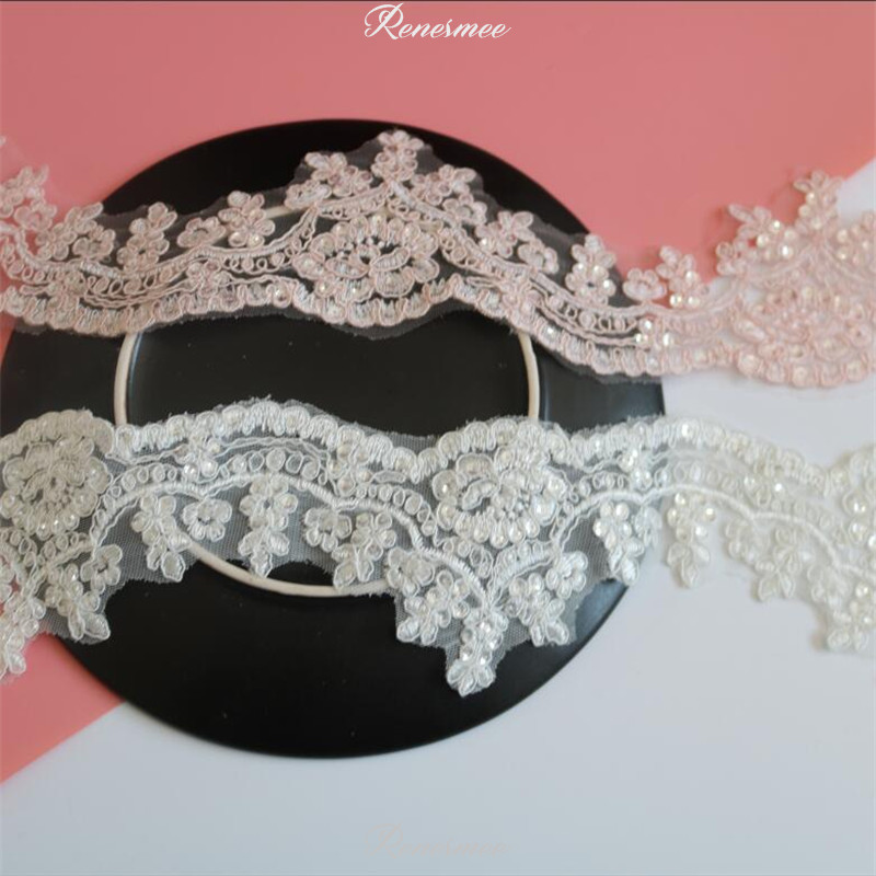 1Yd Warm Pink Ivory Silver Sequins Edge Polyester Embroidery Lace Trim for Bridal Wedding Gown Costume Design Lace Ribbon 8cm