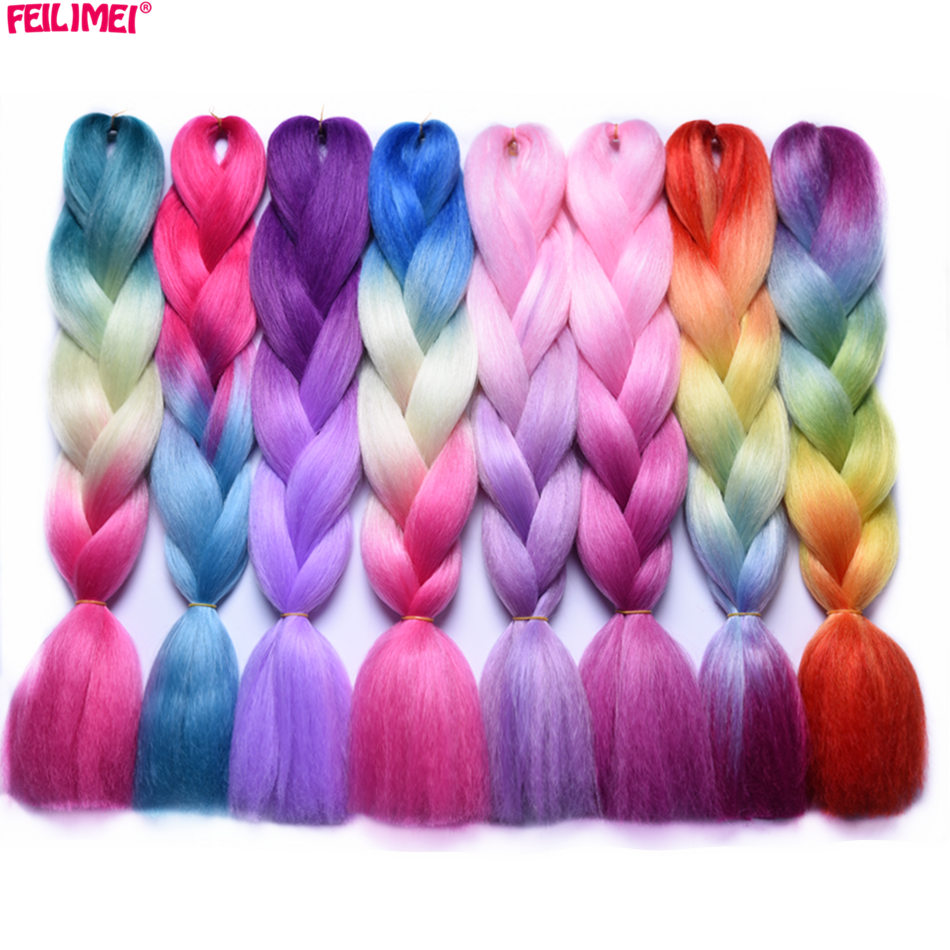 Feilimei Gray Jumbo Braiding Hair Extension Synthetic Heat Resistant Hair Purple/Blue/Pink/Black Ombre Crochet Braids Hair