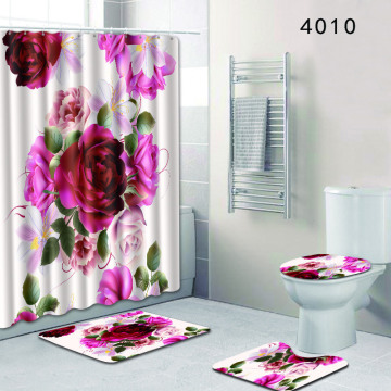 T 3/4pcs Bathroom Rug Sets Flowers Bath Mat and Shower Curtain Set Bathroom Carpet Accessories Toilet Seat Covers for Home Decor