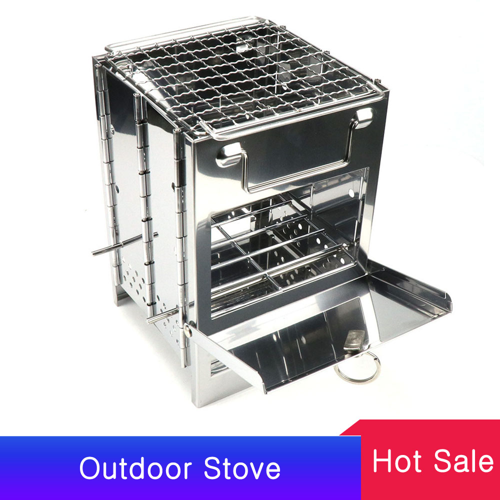 Folding Stainless Steel Backpacking Wood Burning Stove Mini BBQ Grill with Carry Bag for Backpacking Hiking Camping Cooking