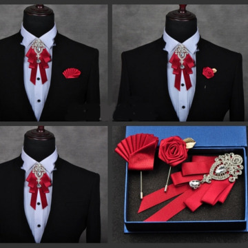 High-quality Fashion Handmade Red Diamond Bow Tie Wedding Collar Bowtie Brooch Pocket Towel Square Set Gifts for Men Accessories