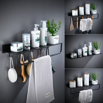 Black Bathroom Shelves Kitchen Shelf With Hooks Wall Shelf Shower Storage Rack Towel Bar Bathroom Accessories 30-50 cm Length