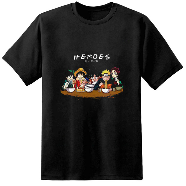 Heroes Anime Manga Luffy Naruto Deku Tanjirou Gift T-Shirt Men Black Cotton T Shirts Unisex Cotton Comfortable Tshirts