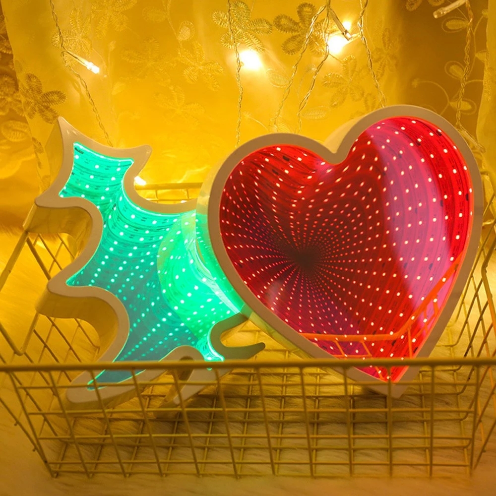3D Heart LED Night Light Creative Tunnel Lamps Novelty Infinity Mirror Lights Home Table Decor for Children Kids Baby Toy Gift